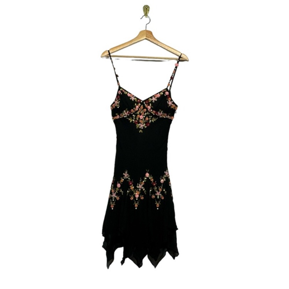 ISO Sue Wong Black Asymmetrical Dress with Floral Embroidery